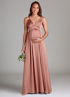 Azazie Emree Maternity Bridesmaid Dresses A-Line Stretch Satin Floor-Length Dress with Pockets image1