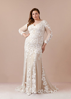 Azazie Dulce Amor Vestidos de novia Vestido de Blanco Diamante Nude de Tul de Corte Sirena con Encaje Cuello V image11