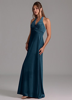 Azazie Tessie Vestidos de damas de honor Vestido de Topacio Azul de terciopelo de Corte en A con Plisado image5