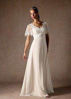 Azazie Veradis Robes de mariée Robe Trapèze en Mousseline de soie Col V dentelle Diamant Blanc Champagne image3