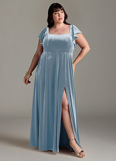 Azazie Bondi Bridesmaid Dresses Dusty Blue A-Line Side Slit Velvet Dress image7