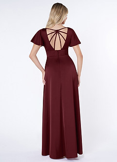 Azazie Lani Bridesmaid Dresses Cabernet A-Line Flounce Sleeve Stretch Satin Dress image2