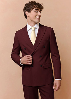 front Collins Burgundy Double Breasted Wool Blend Suit Jacket
