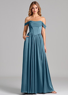 Azazie Raisa At-home Try On Dresses Sky Blue A-Line Off the Shoulder Stretch Satin Dress image1