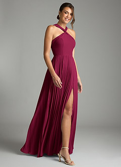 Azazie Afra At-home Try On Dresses Burgundy A-Line Pleated Chiffon Dress image3