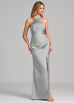 Azazie Karlotta Abiti da Damigella Abito Tubino in Raso Elasticizzato Plissettato Argento image5