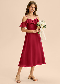 Azazie Kamilla Junior Abito A-Line in Chiffon a Spalla Scoperta Scarlatto image5