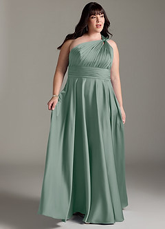 Azazie Charlize Abiti da Damigella Abito A-Line in Raso Elasticizzato Monospalla Salvia Argentata image11