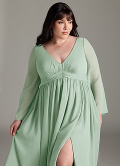 Azazie Teton Maternity Bridesmaid Dresses A-Line Long Sleeve Chiffon Floor-Length Dress image12