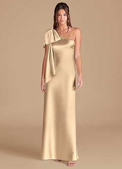 Azazie Capri Jurken voor bruidsmeisjes Jurk van Metaalachtig Satijn met Kolom One-Shoulder Goud image3