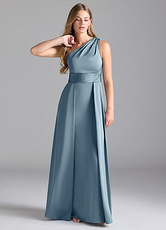 Azazie Dallas Jurken voor bruidsmeisjes Jurk van Stretch Satijn met A-Lijn One-Shoulder Stoffig Blauw image1