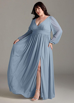 Azazie Norah Robes de demoiselle d'honneur Robe Trapèze en Mousseline de soie Col en V, manches longues Bleu Poussiéreux image10