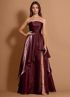 Dahlia Wine Satin Faced Chiffon Ruffled A-line Prom Dress image4