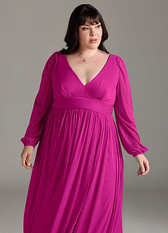 Azazie Norah Bridesmaid Dresses Fuchsia A-Line V-Neck Long Sleeve Chiffon Dress image12