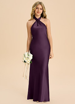 Azazie Chickie Junior 쉬스 주름진 스트레치 새틴 플로어 길이 주니어 신부 들러리 드레스 image3