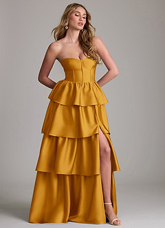 Azazie Faye Bridesmaid Dresses Butterscotch A-Line Ruched Stretch Satin Dress image4