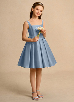 Azazie Jello Jurken voor bloemenmeisjes Baljurk Jurk van Mat Satijn Geplooid Stoffig Blauw image4