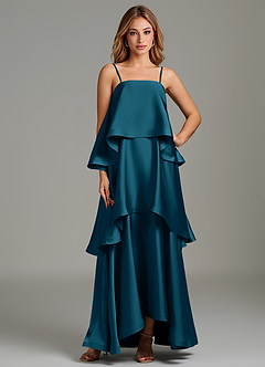 Azazie Azalea Vestidos de damas de honor Vestido Azul Tinta de Satén Elástico de Línea A con Drapeado image1