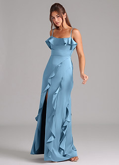 Azazie Malia Bridesmaid Dresses Steel Blue A-Line Side Slit Stretch Satin Dress image4