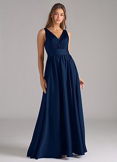 Azazie Kora Bridesmaid Dresses Dark Navy A-Line Pleated Stretch Satin Dress image1