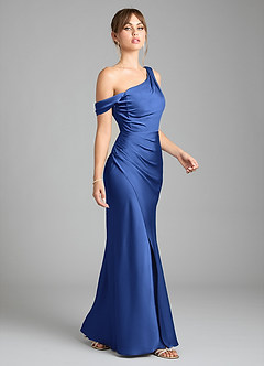Azazie Madelyn Bridesmaid Dresses Royal Blue Mermaid One Shoulder Stretch Satin Convertible Dress image5