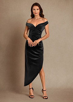 Azazie Nabila Mother of the Bride Dresses Black Column Off the Shoulder Velvet Dress image1