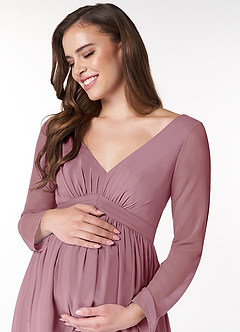Azazie Teton Maternity Bridesmaid Dresses A-Line Long Sleeve Chiffon Floor-Length Dress image5