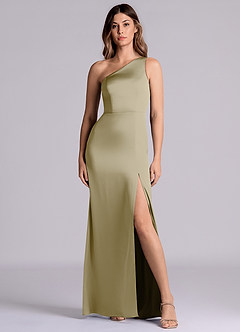 Azazie Philana 신부 들러리 드레스 A라인 한쪽 어깨 스트레치 새틴 바닥 길이 드레스 image4