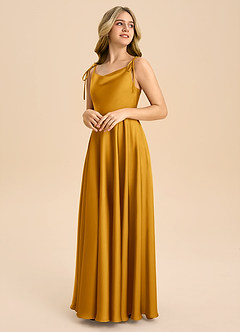 Azazie Popsy Junior Butterscotch A-Line Bow Stretch Satin Dress image4