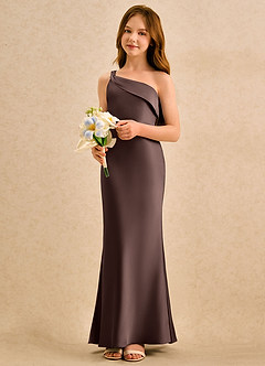 Azazie Almond Girls Formal Sukienki dla dziewczynek sypiących kwiaty Osłona Jedno ramię Satyna elastyczna Długość podłogi Sukienka image3