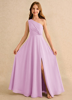 Azazie Puddles Girls Formal Robe Demoiselle D'honneur Fillette Robe Trapèze en Mousseline de soie Une épaule Rose Bonbon image5