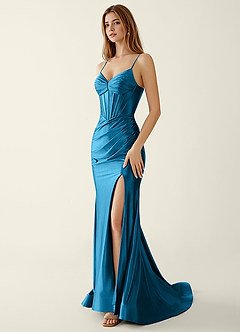 Indigo Blue Satin V-neck Sequins Mermaid Prom Dress image5
