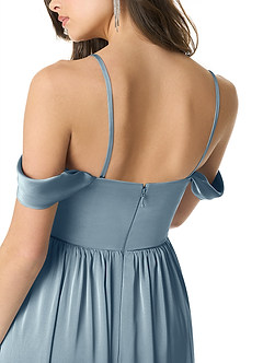 Azazie Morana Jurken voor bruidsmeisjes Converteerbaar Jurk van Stretch Satijn met A-Lijn Off the Shoulder Stoffig Blauw image9