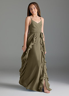 Azazie Peyton Junior Willow Green A-Line V-Neck Cascading Ruffles Chiffon Dress image3