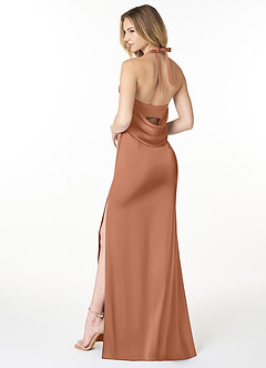 Azazie Myla Vestidos de damas de honor Vestido de Bronceador de Satén Elástico de Corte Recto con Ojo de cerradura de capucha image2