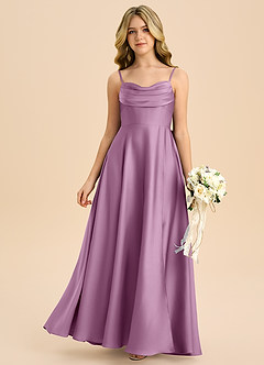 Azazie Bear Junior A라인 스윗하트 네크라인 스트레치 새틴 플로어 길이 주니어 신부 들러리 드레스 image3