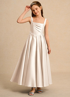 Azazie Mochi Girls Formal Flower Girl Dresses White Alabaster Ball-Gown Pleated Matte Satin Dress image6