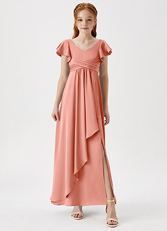 Azazie Omari Junior Coral A-Line Pleated Stretch Satin Dress image4