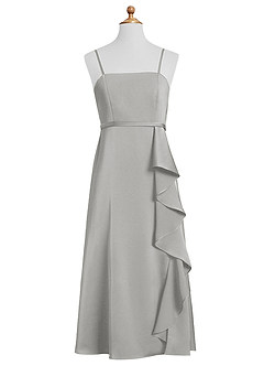 Azazie Kaylee Junior Silver A-Line with Belt Stretch Satin Dress image8