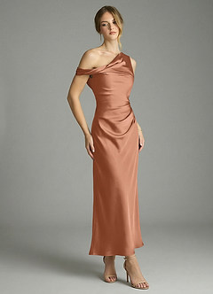 Azazie Emerson Bridesmaid Dresses Bronzer Mermaid Off the Shoulder Stretch Satin Dress image3