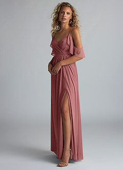 Azazie Fiena Bridesmaid Dresses Desert Rose A-Line V-neck Ruched Mesh Dress image2