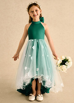 Azazie Cerra Flower Girl Dresses Emerald A-Line Pleated Tulle Dress image2