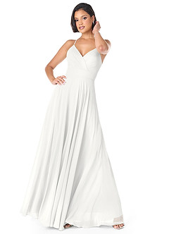 Azazie Avelina Robes de demoiselle d'honneur Robe Trapèze en Mousseline de soie Col V plissé Blanc image5