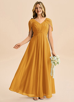 Azazie Emma Junior Robe Trapèze en Mousseline de soie Plissée Caramel écossais image5