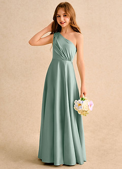 Azazie Puddles Girls Formal Robe Demoiselle D'honneur Fillette Robe Trapèze en Mat Satiné Asymétrique Sauge D'argent image6