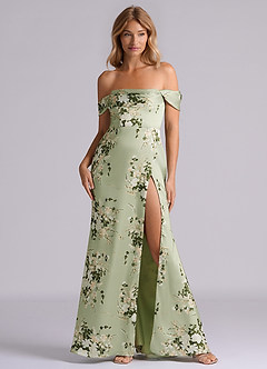 Azazie Saige Bridesmaid Dresses Floral Vines Sheath Off the Shoulder Stretch Satin Dress image1