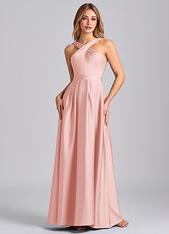 Azazie Dixie Bridesmaid Dresses Powder Pink A-Line Pleated Stretch Satin Dress image4