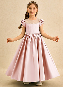 Azazie Toffee Flower Girl Dresses Blushing Pink Ball-Gown Bow Matte Satin Dress image3