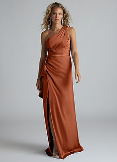 Azazie Maive Bridesmaid Dresses Cedar Rose Sheath Ruched Stretch Satin Dress image1
