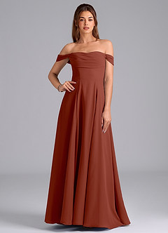 Azazie Almina Robes de demoiselle d'honneur Robe Trapèze Convertible en Mousseline de soie Épaule décolletée Auburn image1